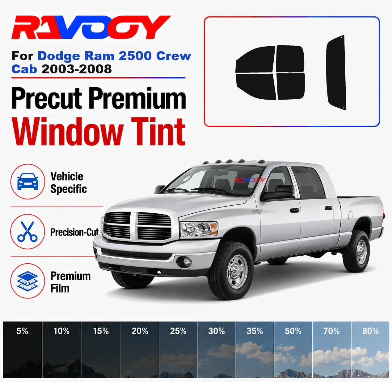 Premium Precut Window Tint Kit Front Rear Windows For Dodge Ram 2500 Crew Cab 2003-2008 Complete Set Car Solar Nano Ceramic Film