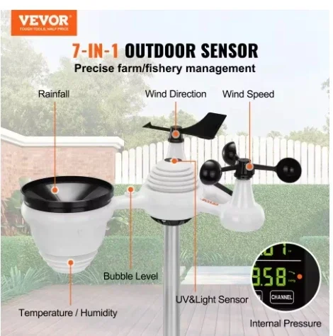 VEVOR 7-in-1 Wireless Weather Station 7.5 in Large Color Display Digital Home Weather Station for Forecast Data, Alarm, Alerts