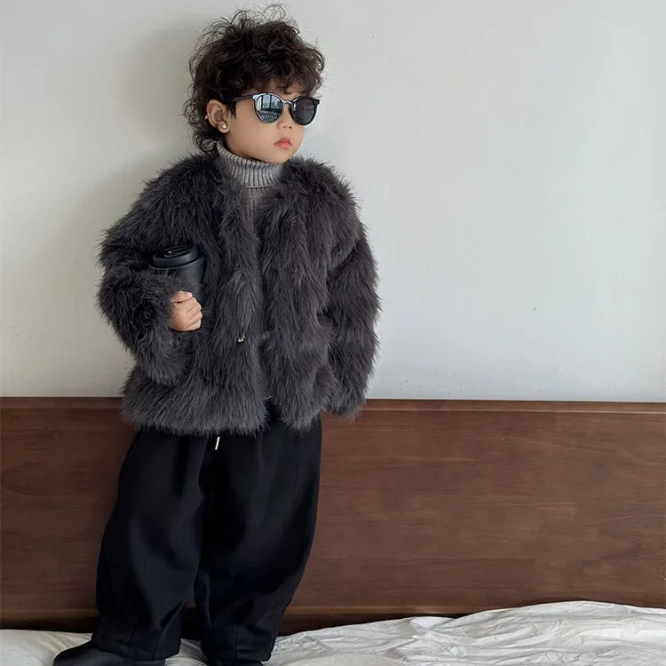

Faux Fox Fur Coats Children Solid Jackets Long Sleeves Round Neck Coverd Button Thick Warm Fur Loose Casual 2025 Autumn Winter