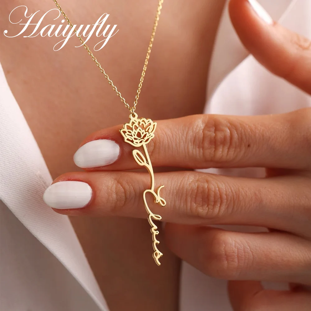 Haiyufly Custom Name Necklace for Women Stainless Steel with Birth Flower Personalized Nameplate Pendant Link Chain Jewelry Gift