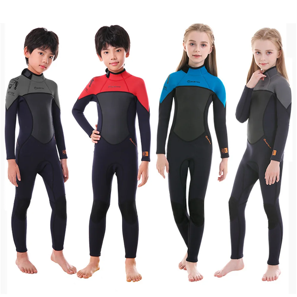 Traje de neopreno de 2,5mm para niños, traje de neopreno de una pieza cálido de manga larga con protector solar para surfear, traje de baño para nadar y bucear en invierno