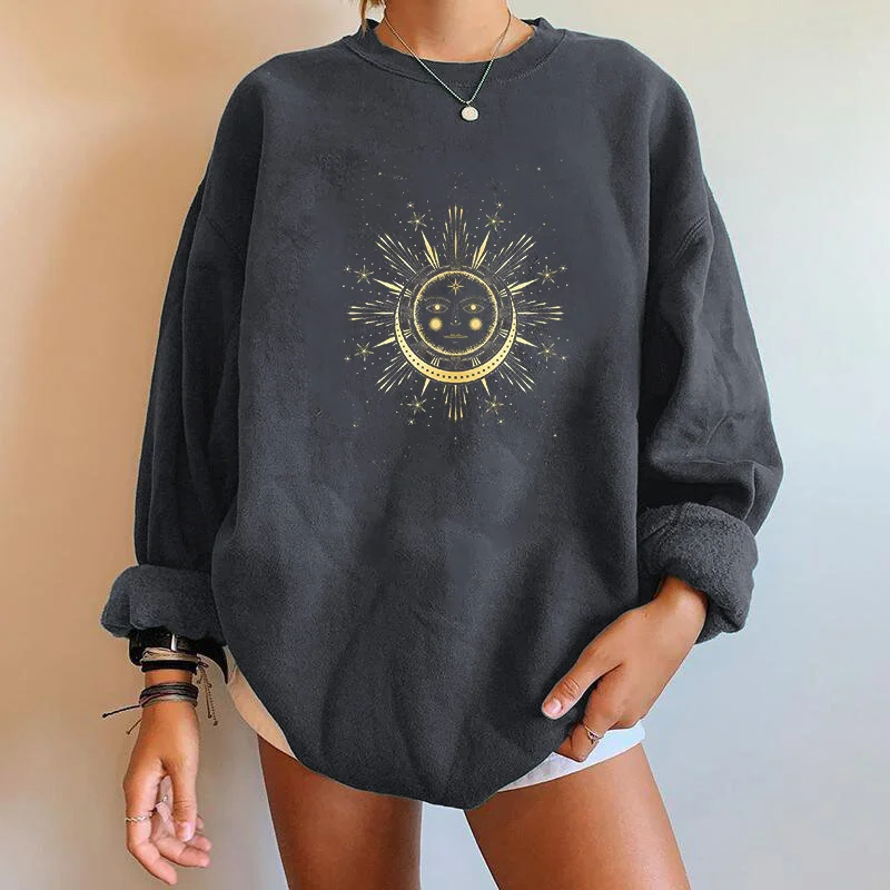 Seeyoushy Harajuku Funny Women Sweatshirts Moon and Sun Print Sweatshirt Pullovers Drop-shoulder Fall Tops Clothes Sudaderas Y2K