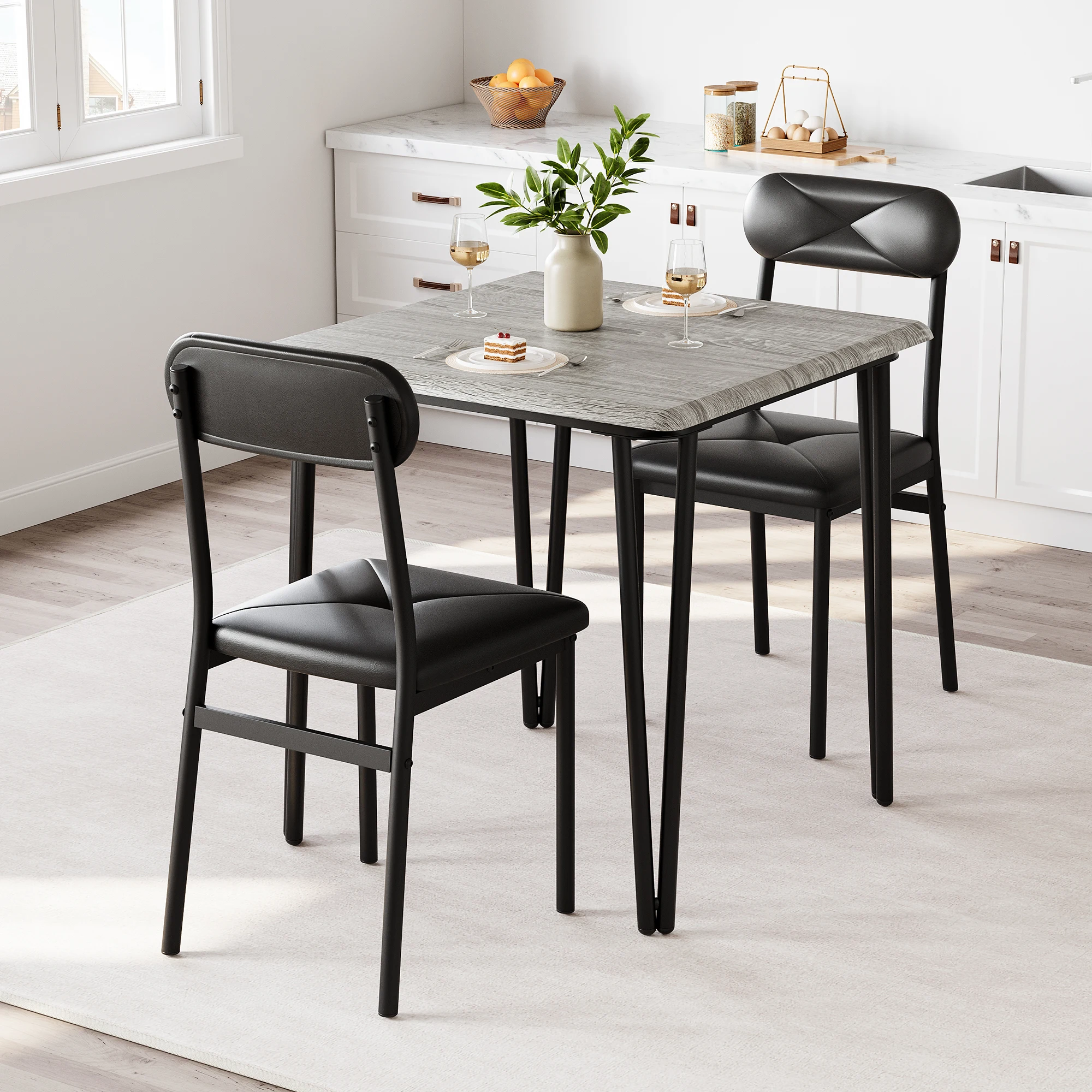 Set da pranzo composto da 3 pezzi per 2 persone: include 1 tavolo quadrato e 2 sedie imbottite. Set moderno e compatto per cucina, ideale per appartamenti, piccole cucine e angoli pranzo – colore