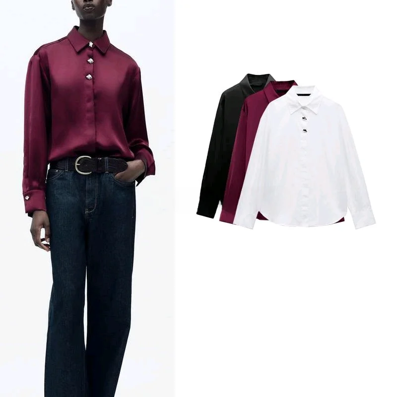 Printemps nouveau femmes irt bouton doré décoré soie Satin Texture Long col Sve coupe régulière trajet Sle Polyester...