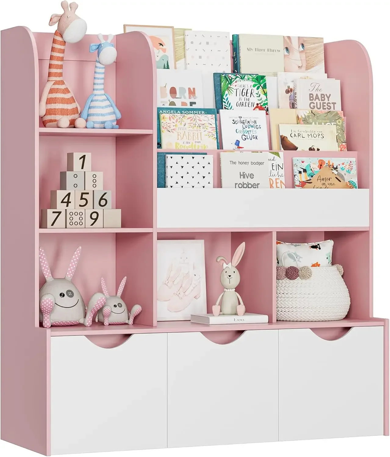 47'' Kids Bookcase and Bookshelf,  Bookcase with 5 Storage and 3 Movable Drawers, Bookcase Display Stand, Toy Storage Organizer