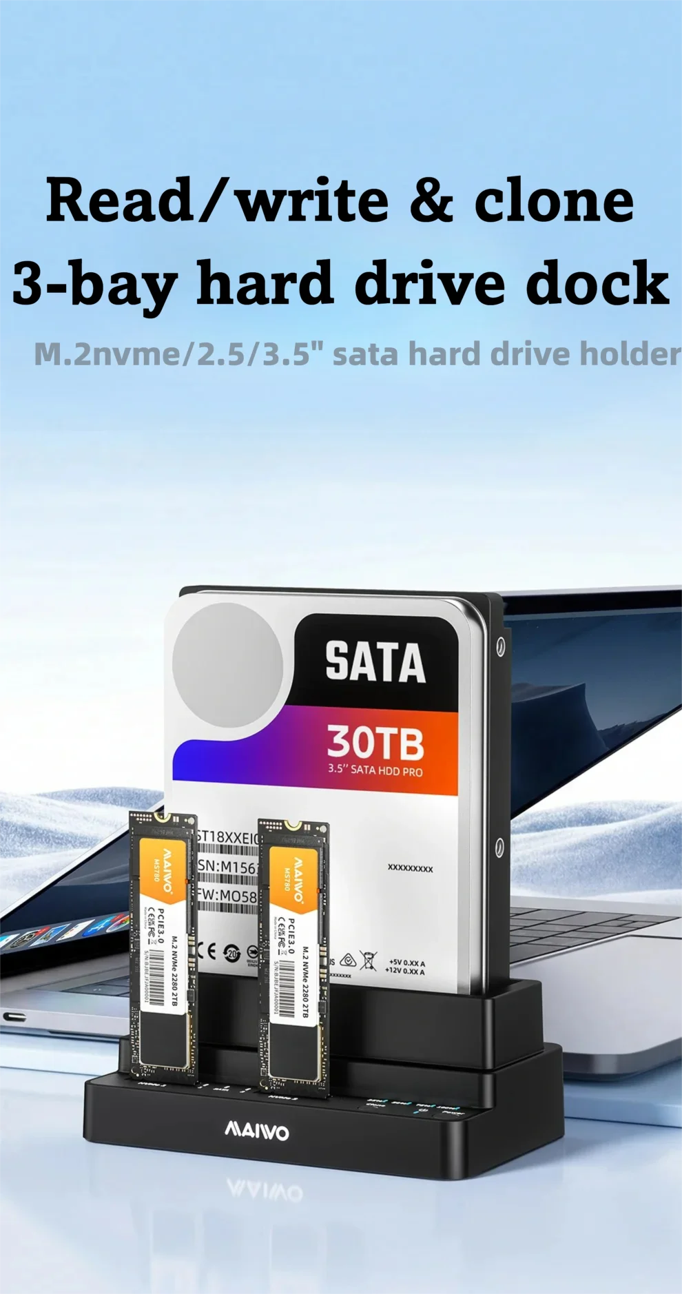 MAIWO 3-Bay Dockingstation Adapter 10Gbps für M.2 NVME SSD & 2,5 3,5 Zoll SATA HDD SSD Unterstützt Offline-Klonen für PC Laptop – Detail 1