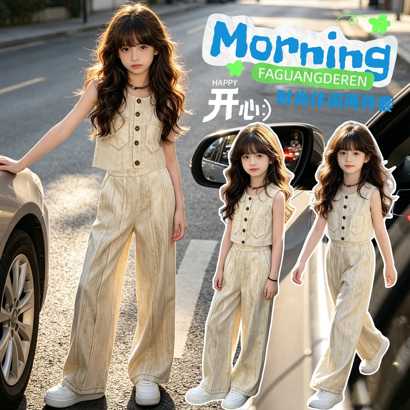 Summer Girls Blazer Suits Clothing Set Kids Sleeveless Vest Top+Pants Fashion Loose Teenage Casual Outfits 5-14 Child Costumes