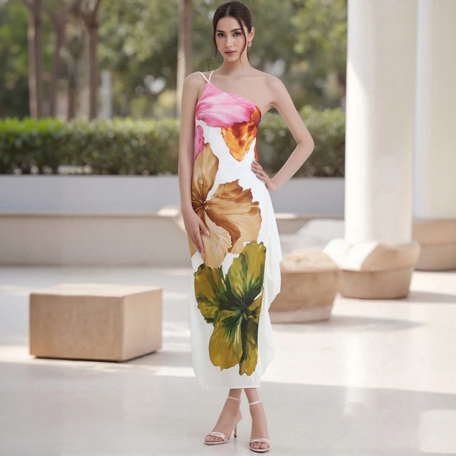 Nieuwe mode dames zomer lange cami-jurk mouwloze bloemenprint een schouder strandjurken hot koop s-xl