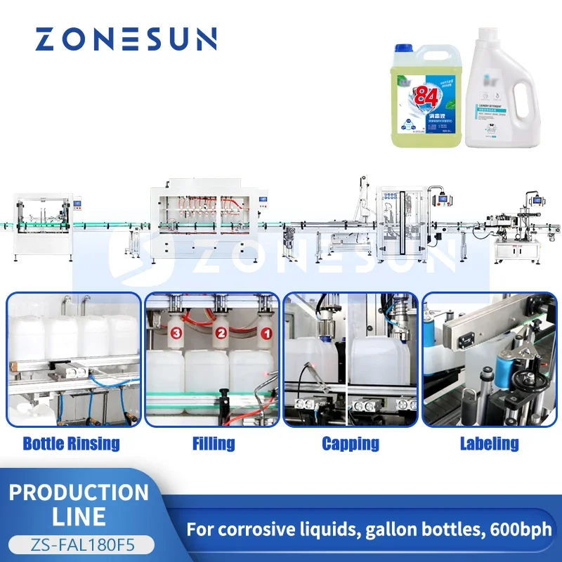 ZONESUN Chemical Production Line Bleach Filling Machine Pestiside Filler Desinfectant Packaging Line ZS-FAL180F5