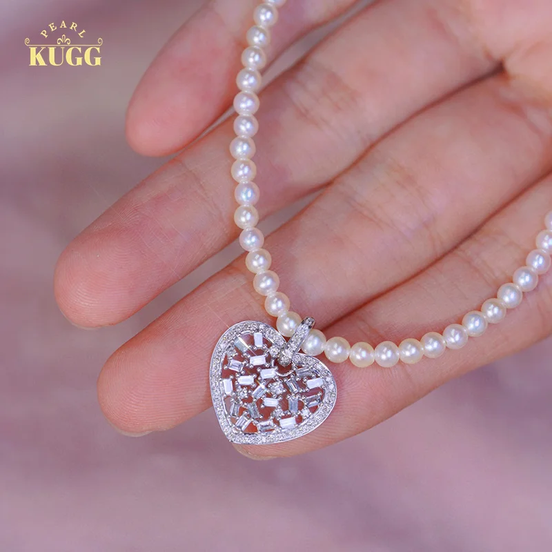 

KUGG 18K White Gold Pendant Heart Design 0.45carat Real Natural Diamond Pendant Pearl Chian Romantic Style Necklace for Women