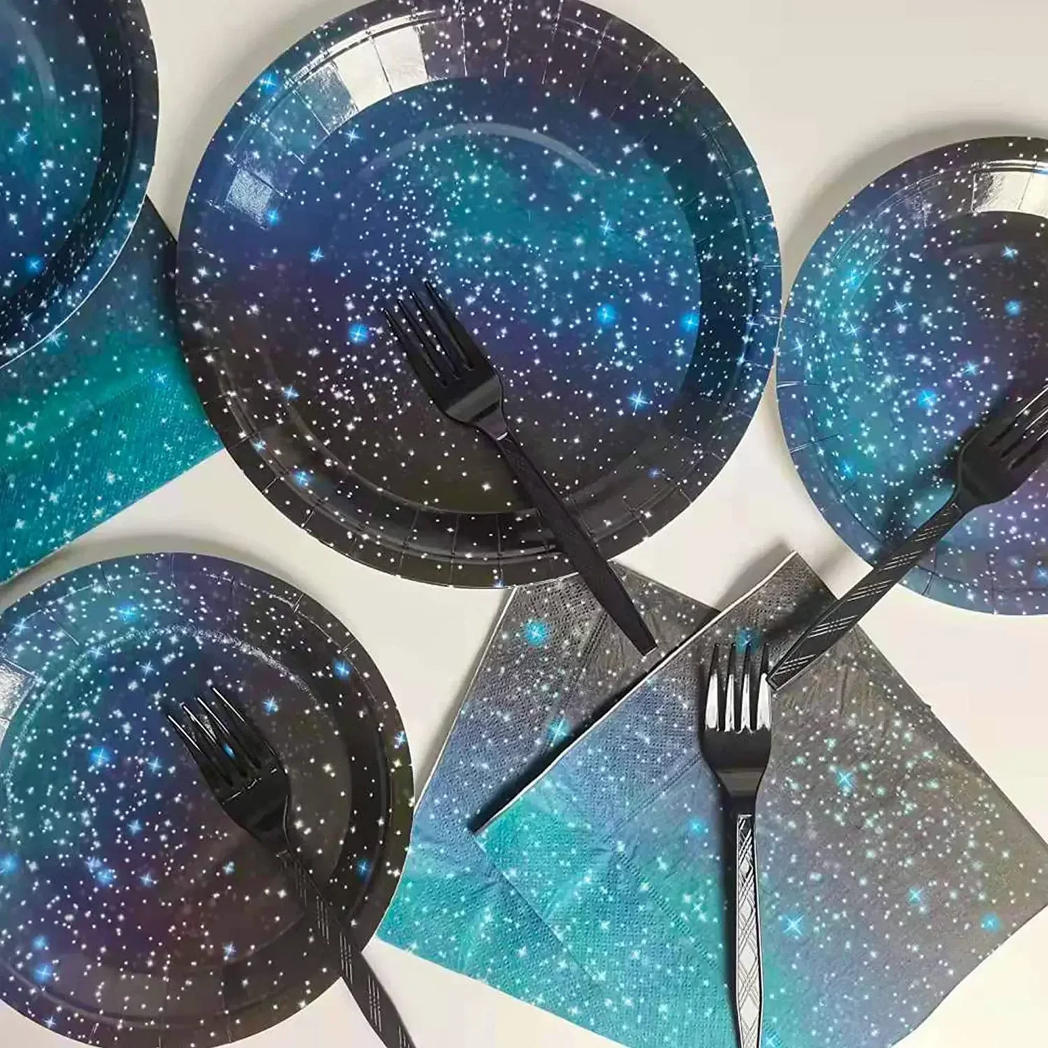 8pcs Starry Sky Disposable Tableware Happy Birthday Party Decor Navy Blue Plates Cups Kid Andults Galaxy Table Baby Shower