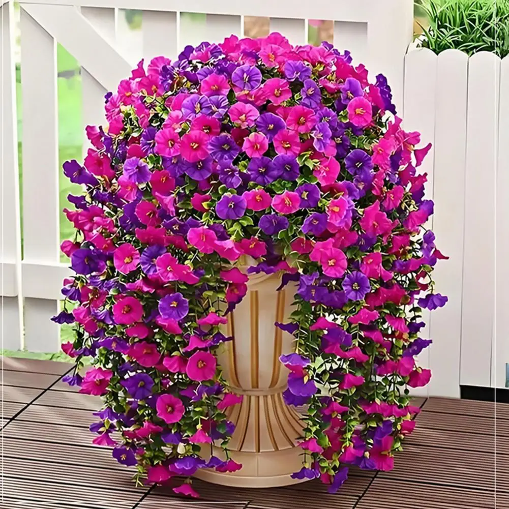 

Artificial Flowers for Outdoor, Fake Hanging Morning Glory with Eucalyptus Leaves, UV Resistant Faux Plants Petunias Trailing Vi