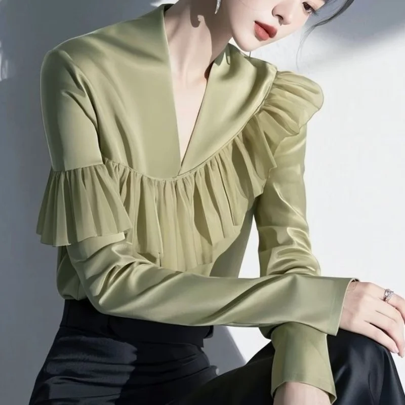 

Spring And Autumn New Solid Color Office Lady Long Sleeve V-Neck Women's Wear High Quality Ruffles Patchwork Shirt