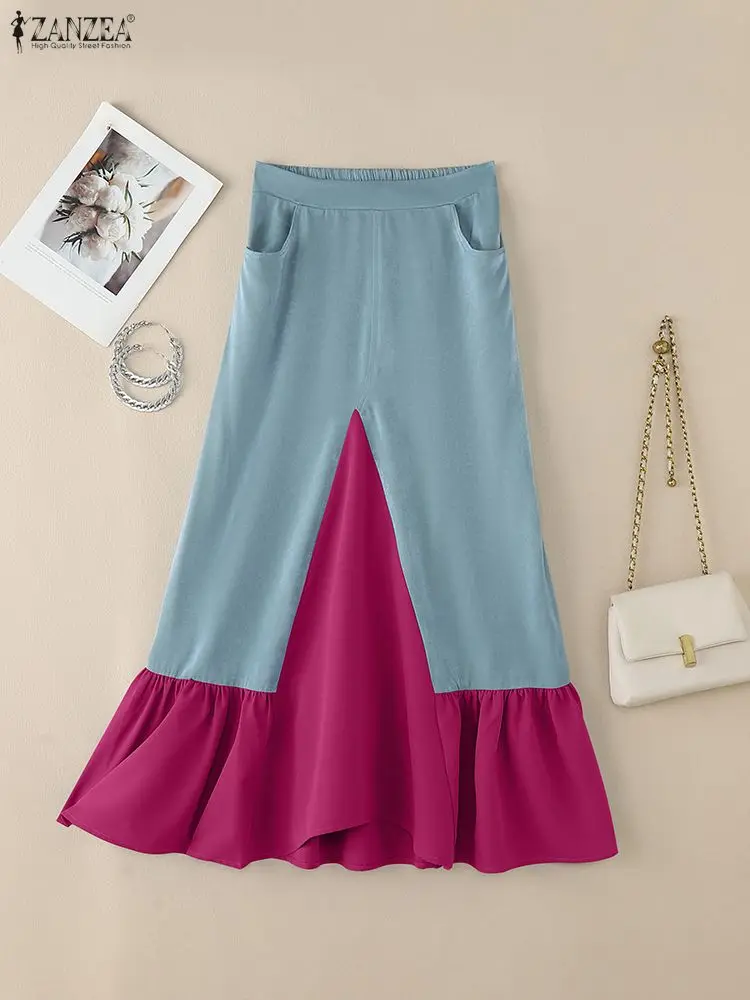 

ZANZEA Women Midi Skirts Fashion Denim-Like Contrast-Color Patchwork Ruffled Hem A-Line Swing Skirt Designer Streetwear S-3XL