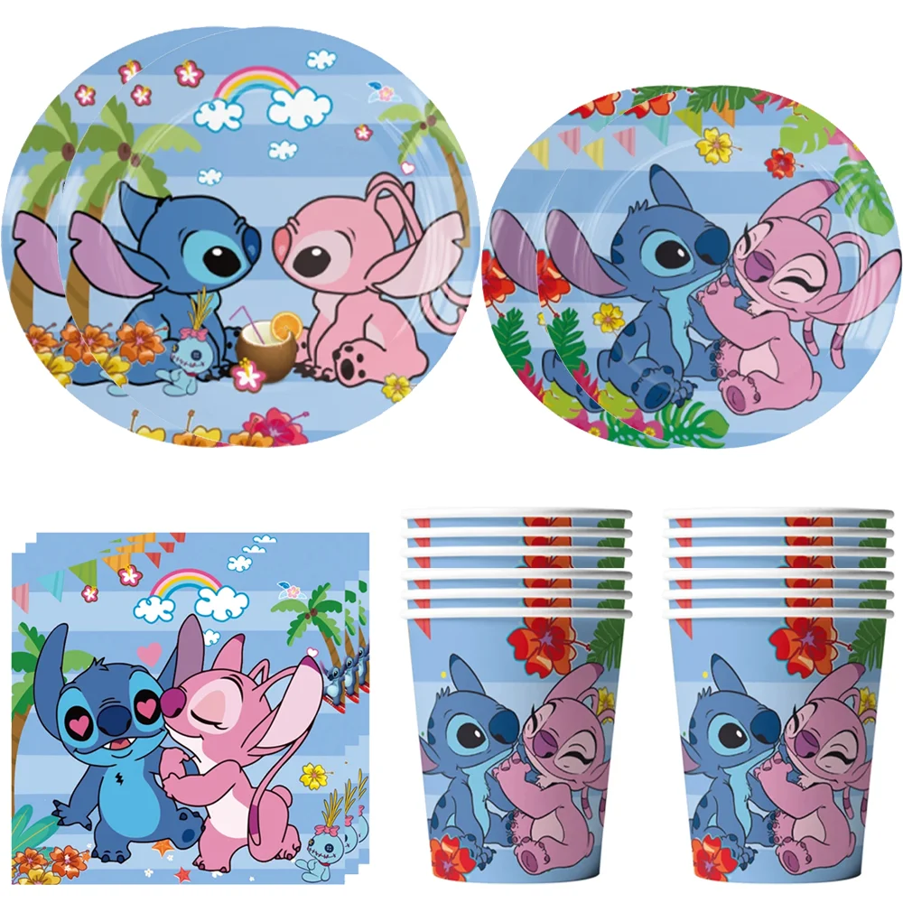 Disney  Cute Lilo & Stitch Theme Birthday Decorations Party Disposable Tableware Paper Napkins Cups Plates Tablecloths Straw