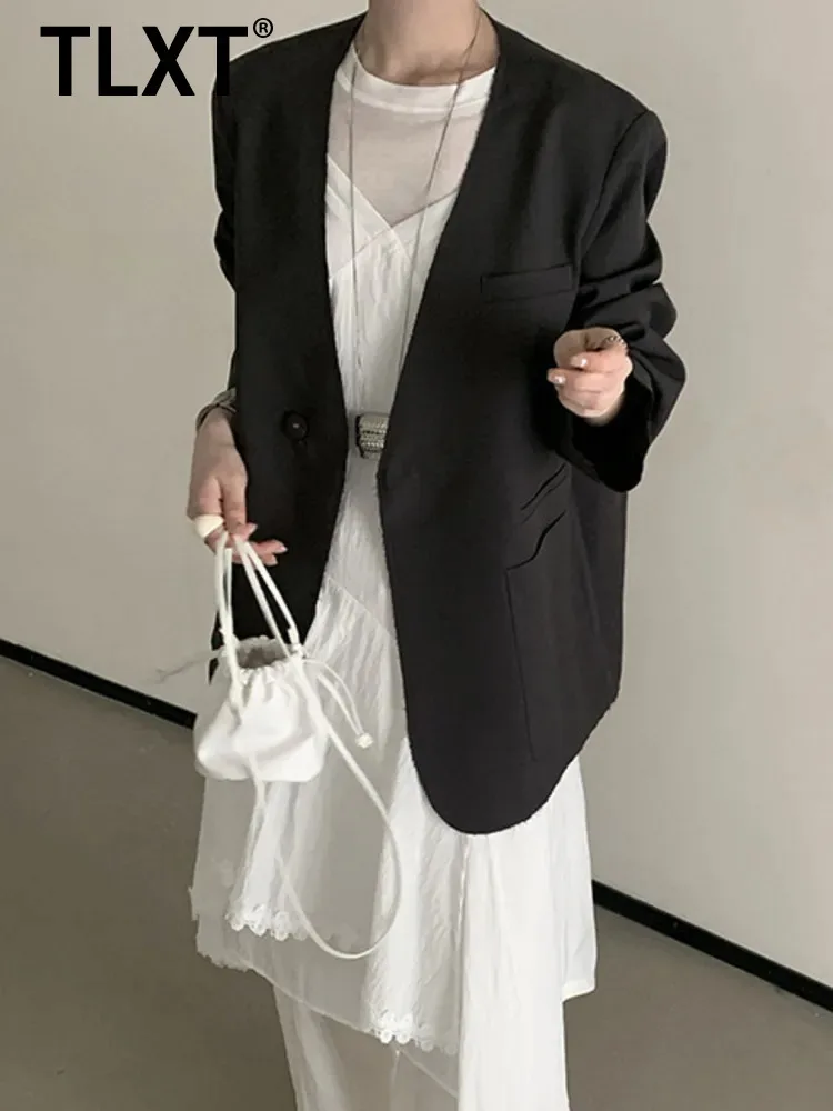 

TLXT повседневный однотонный прямой пиджак для женщин, однобортное пальто с v-образным вырезом и длинными рукавами, новинка лета 2024, XK1413