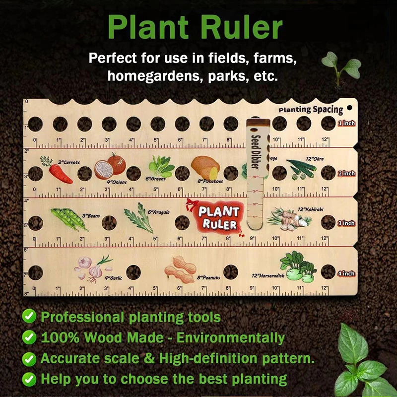 Wooden Plant Ruler With Seed Dibber Seeding Space Tool Seed Planting Ruler With Holes Portable Garden Ruler With Plant Dibber