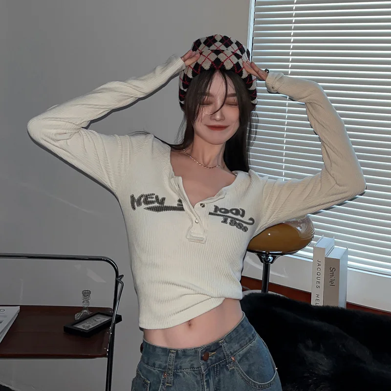 New Fashion Women Sexy Slim Crop Top Retro Graffiti Print Elastic T Shirt Ribbed Long Sleeve O-neck Tops Grunge Tee Tops