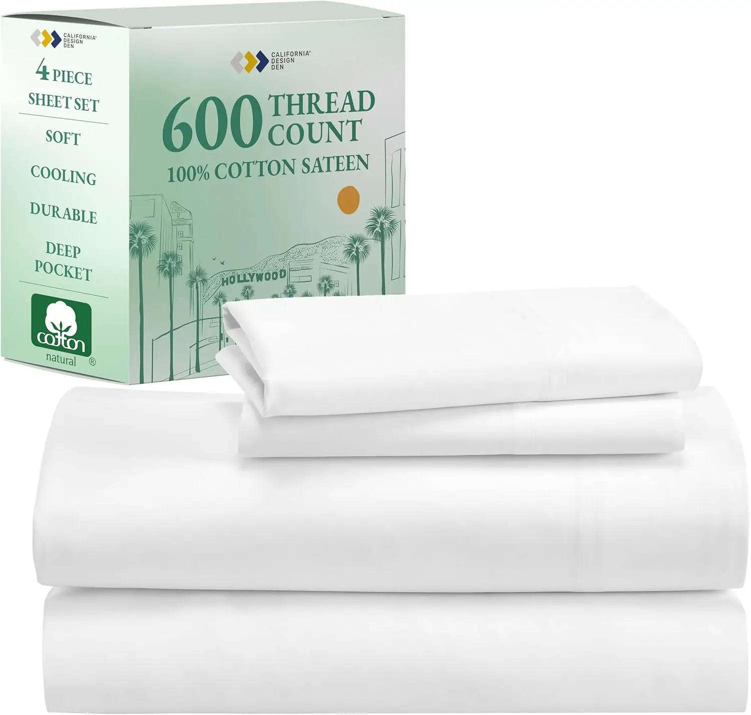 

Queen Size Sheet Set, 600 Thread Count 100% Cotton Sheets, Luxury Extra Deep Pocket Queen Sheets Cotton Sateen, Hotel-Quality