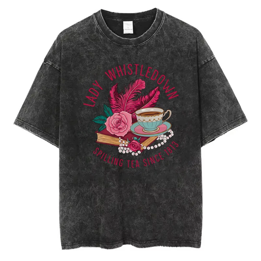 Vintage Washed Cotton T-Shirt Men British Tea Time Graphic Tee Lady Whistledown Retro Acid Wash Mineral Wash Streetwear Top