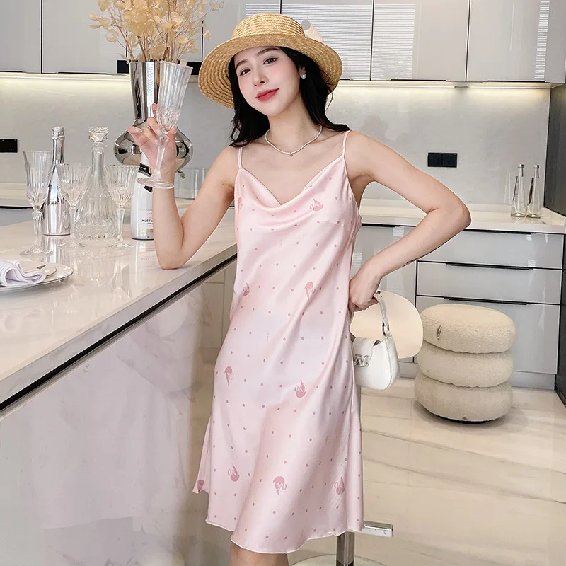 Swing Collar Chemise Nightgown Printed Women Sleepdress Satin Strap Nightdress Summer Cute Sleepwear Lovely Loungewear Sling