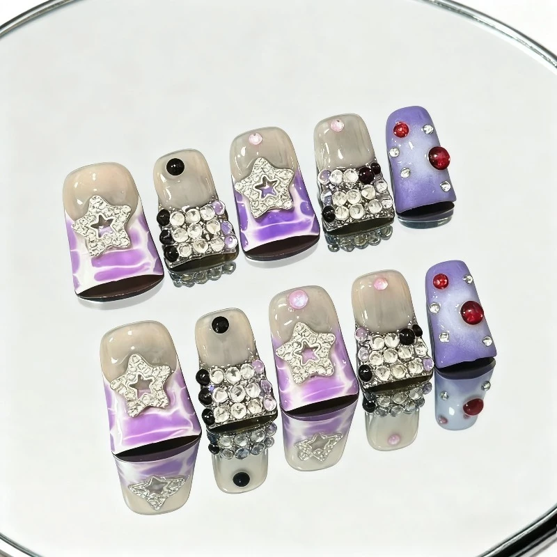 10개입 고딕 프레스온 네일 핸드메이드 퍼플 마블 아크릴 네일 키트 재사용 가능한 덕 네일 여성용 라인스톤 장식