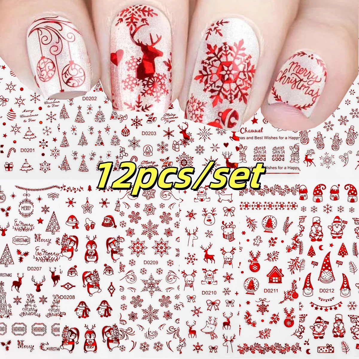 12 pz 3D Fiocco di Neve Adesivi Per Unghie Rosso Disegni Di Natale Nail Art Decalcomanie Linee Geometriche Capodanno Inverno Gel Foil Slider Decori *
