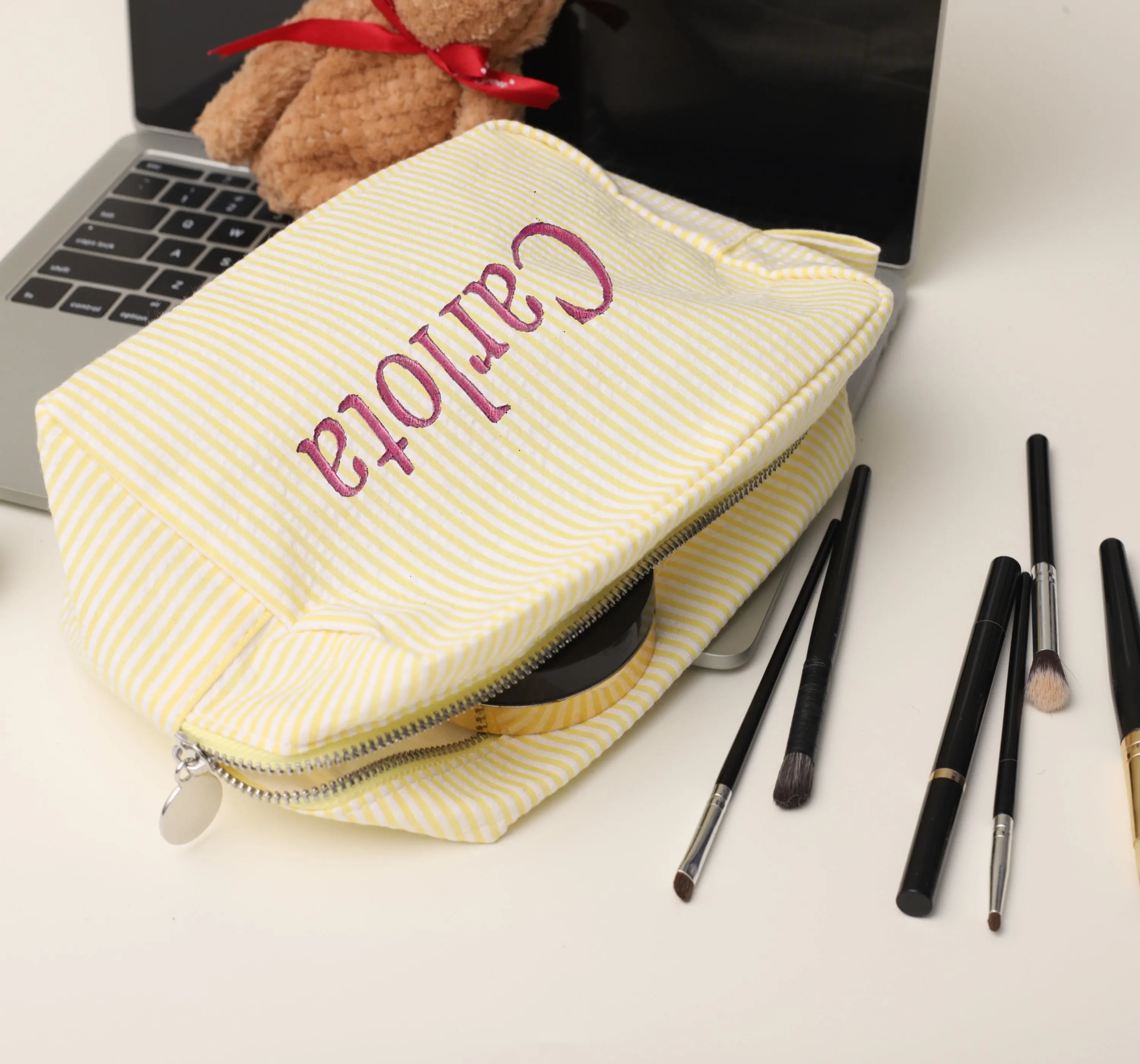 Personalized Embroidery Toiletry Bag Tote Monogram Cosmetic Bag Bridal Party Proposal Gift Bachelorette Gifts Seersucker Bag