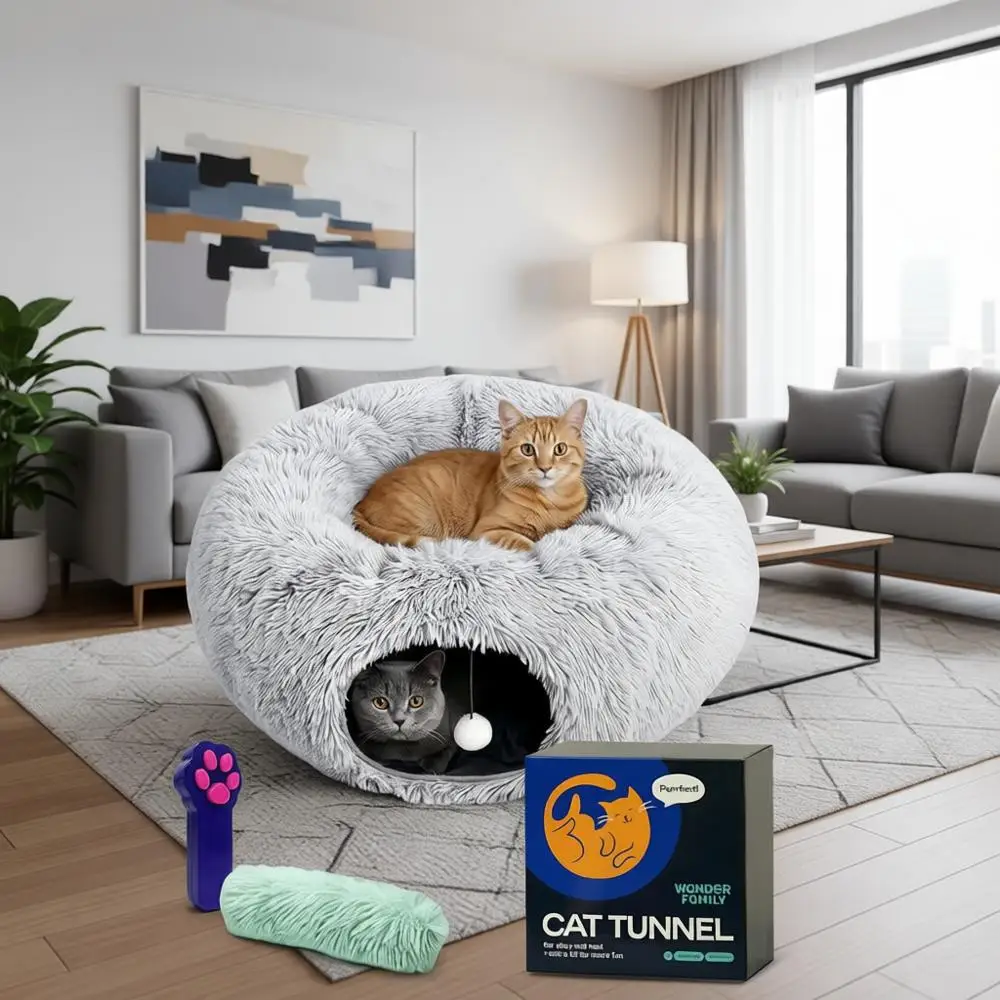 

XL Plush Circle Hideaway with Cat Toys, 3-in-1 Playful Playground & Cozy Cave Bed