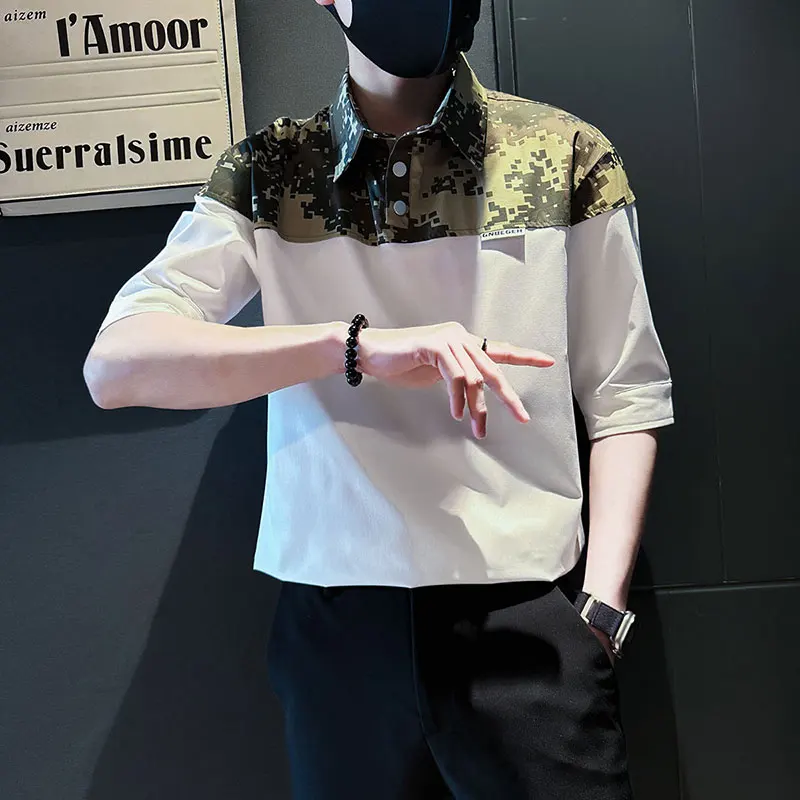 

2024 Summer Camouflage Patchwork Pullover Shirt for Men Half Sleeve Casual Business Shirts Streetwear Social Blouse Men Clothing