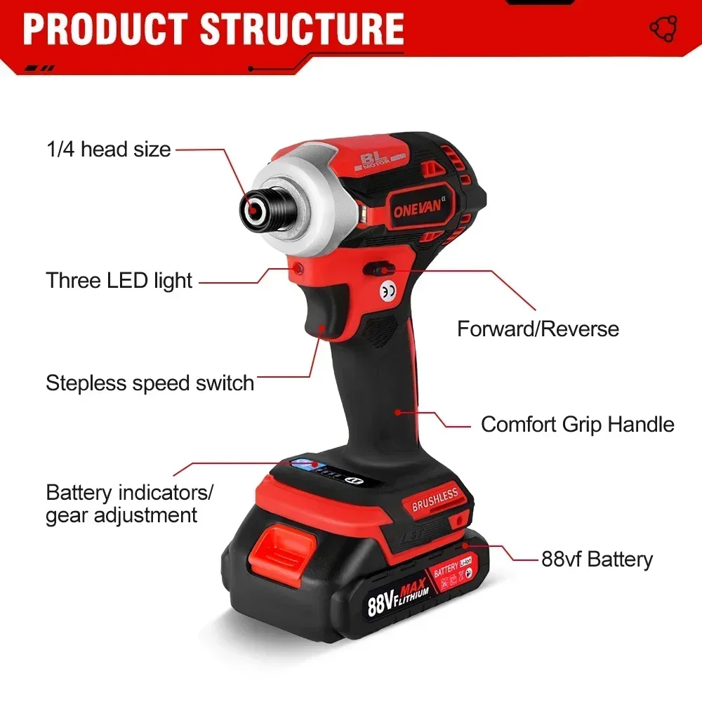 ONEVAN 588NM Cordless Electric Impact Brushless Wrench 5 Speed Screwdriver Power Tool 1/4\