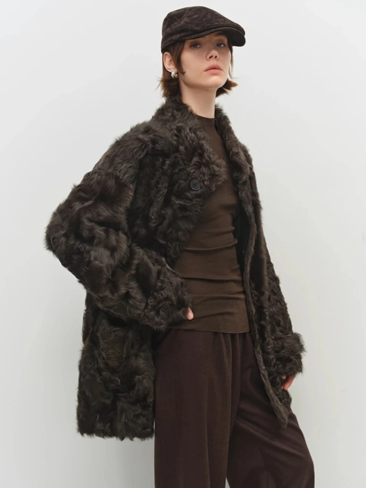 الراقية الفاخرة فرو الضأن الطبيعي شيرلينغ الستر للنساء بسيطة الوقوف طوق منتصف طول الشتاء جلد طبيعي معطف الفرو الحقيقي #2