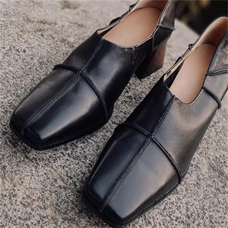 

Sewing Lines Shoes for Women Square Toes Churry High Heels PU Leather Chassure Femme Tacones Shallow Ladies Solid Zapatos Mujer