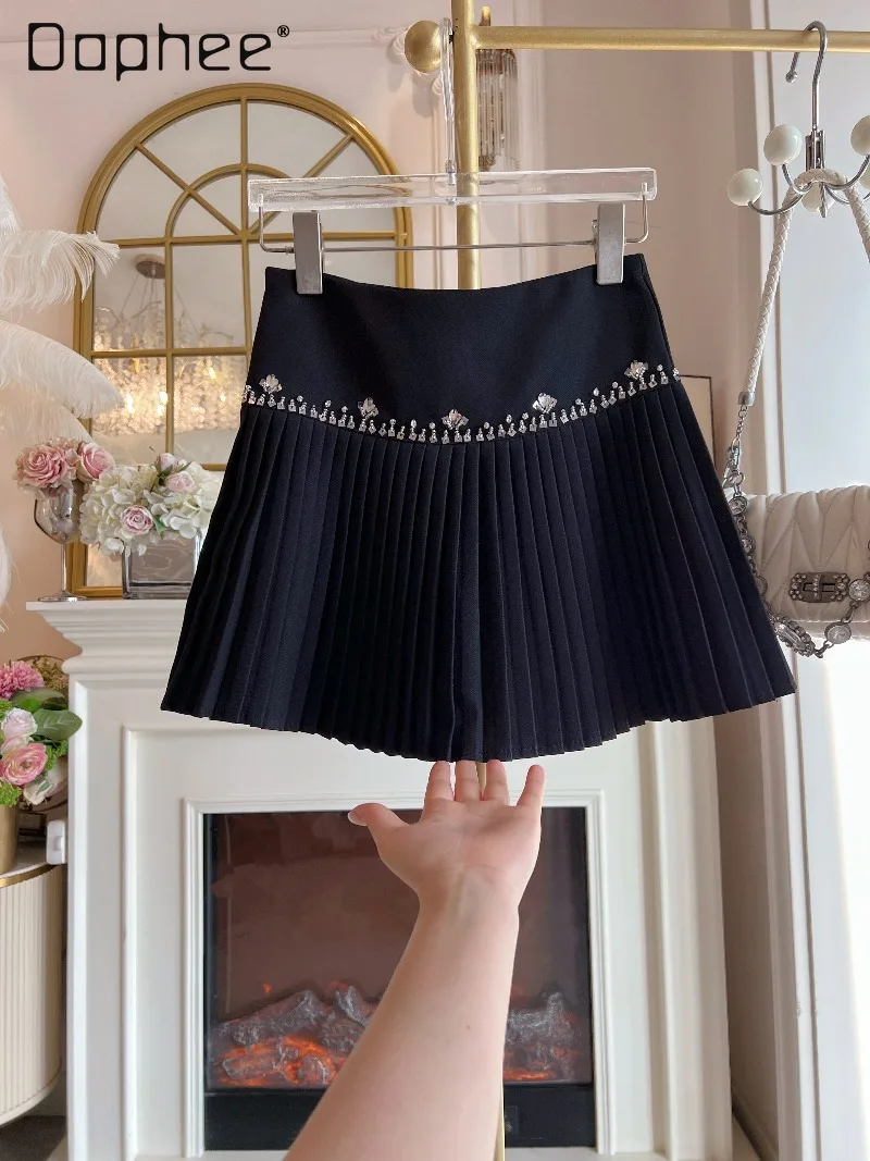 

2026 Spring New Heavy Industry Diamond Sequined Pleated Skirt Women High Waist Slim Temperament Mini Skirt Fashion A-line Skirts