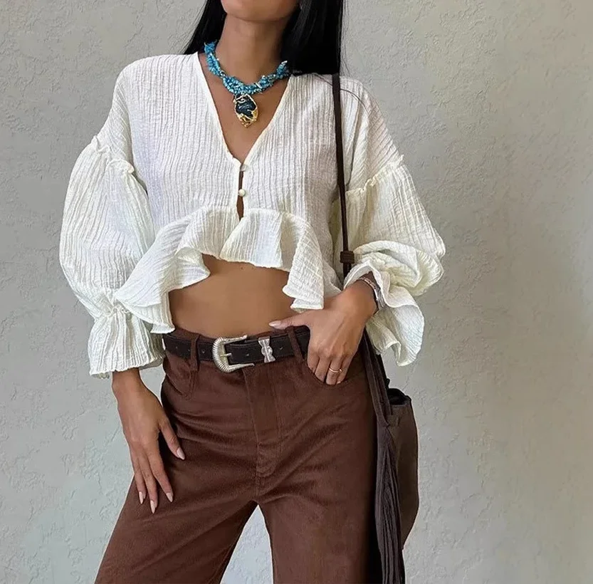 

V-neck Outerwear with Flared Sleeve Pleated Plain Color Slimming and Versatile Top for Women T Shirt Women Harajuku