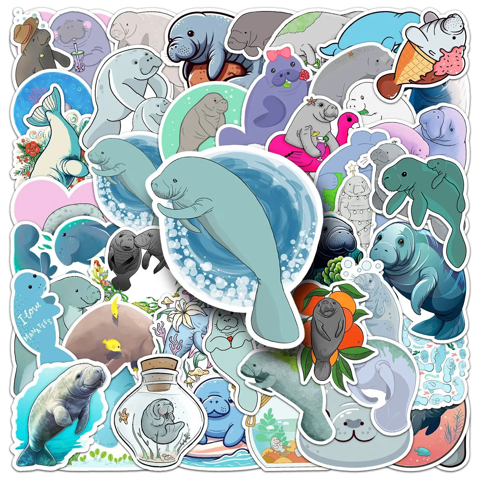 50-100PCS Manatee Graffiti Stickers, Personalized Cartoon Cute Marine Animal Decorative Stickers for Stationery Notebooks