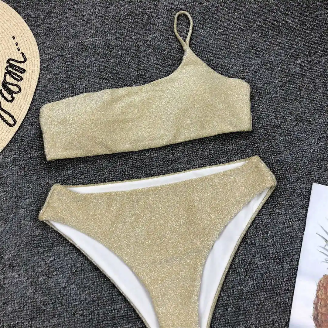 Glitzernder, funkelnder Bikini mit hoher Taille, Damen-Badeanzug, zweiteiliges Bikini-Set, One-Shoulder-Badeanzug V1264 – Detail 17