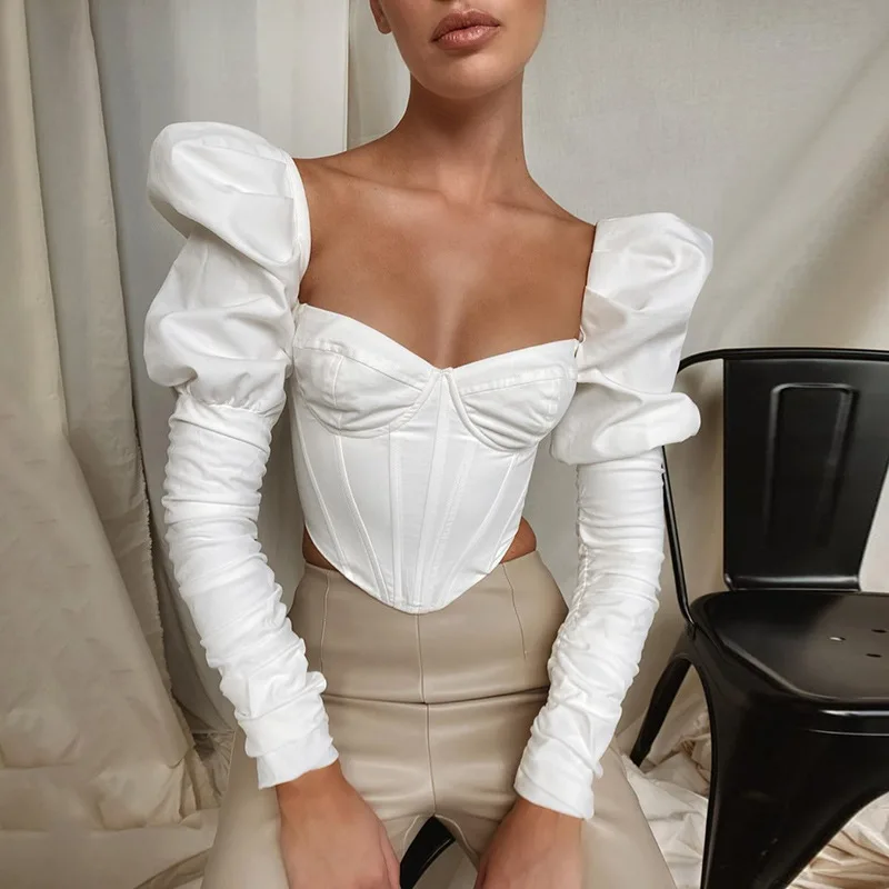 

Spring New Women's Clothing Retro Palace Style Long-sleeved Square Collar Sexy Low-cut Slim T-shirt Women