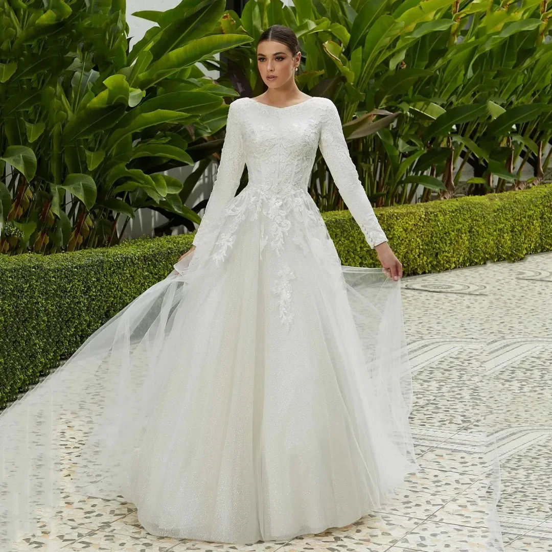 

Flavinke Elegant Tulle Wedding Dresses For Woman Boat Neck Long Sleeve Floral Lace Appliques Button Vestidos De Noiva 2025