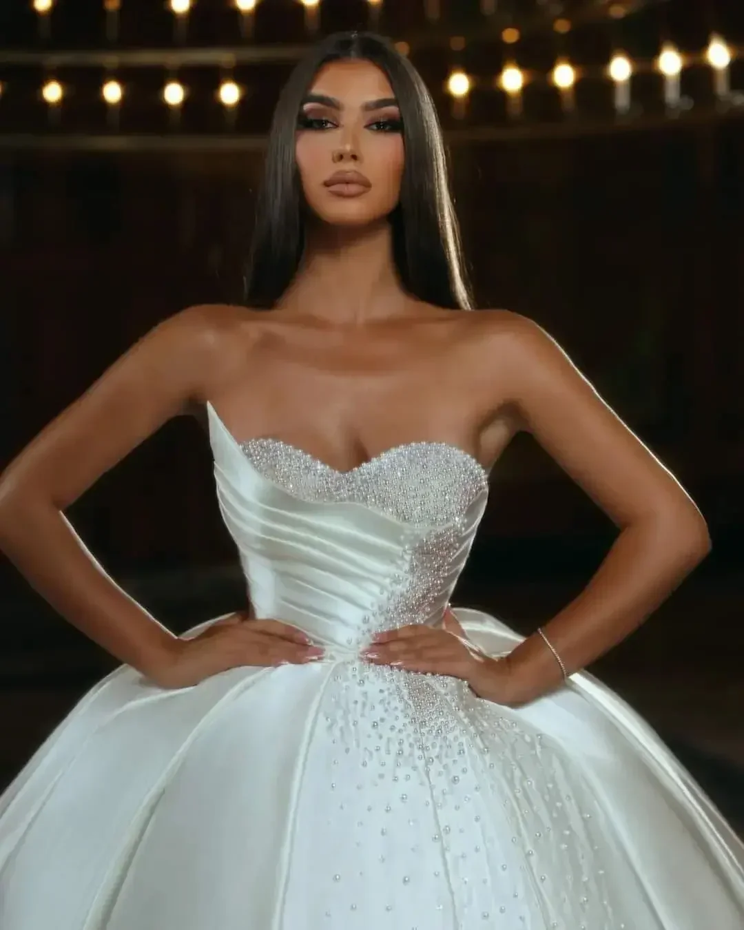 New Puffy Wedding Dresses 2026 Sweetheart Beading Pearls Court Train Satin Arabic Dubai Bridal Bride Gowns Vestidos De Noiva