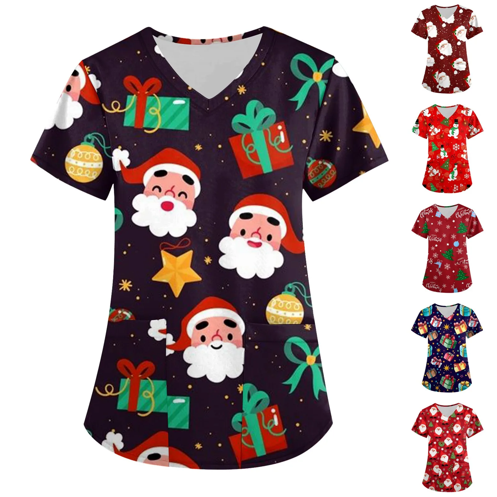 Christmas V-neck Pocket Nursing Scrubs T-shirt Scrubs Uniforms Women Clothing Plus Size Tops Short Sleeve Santa Claus Tops Xmas