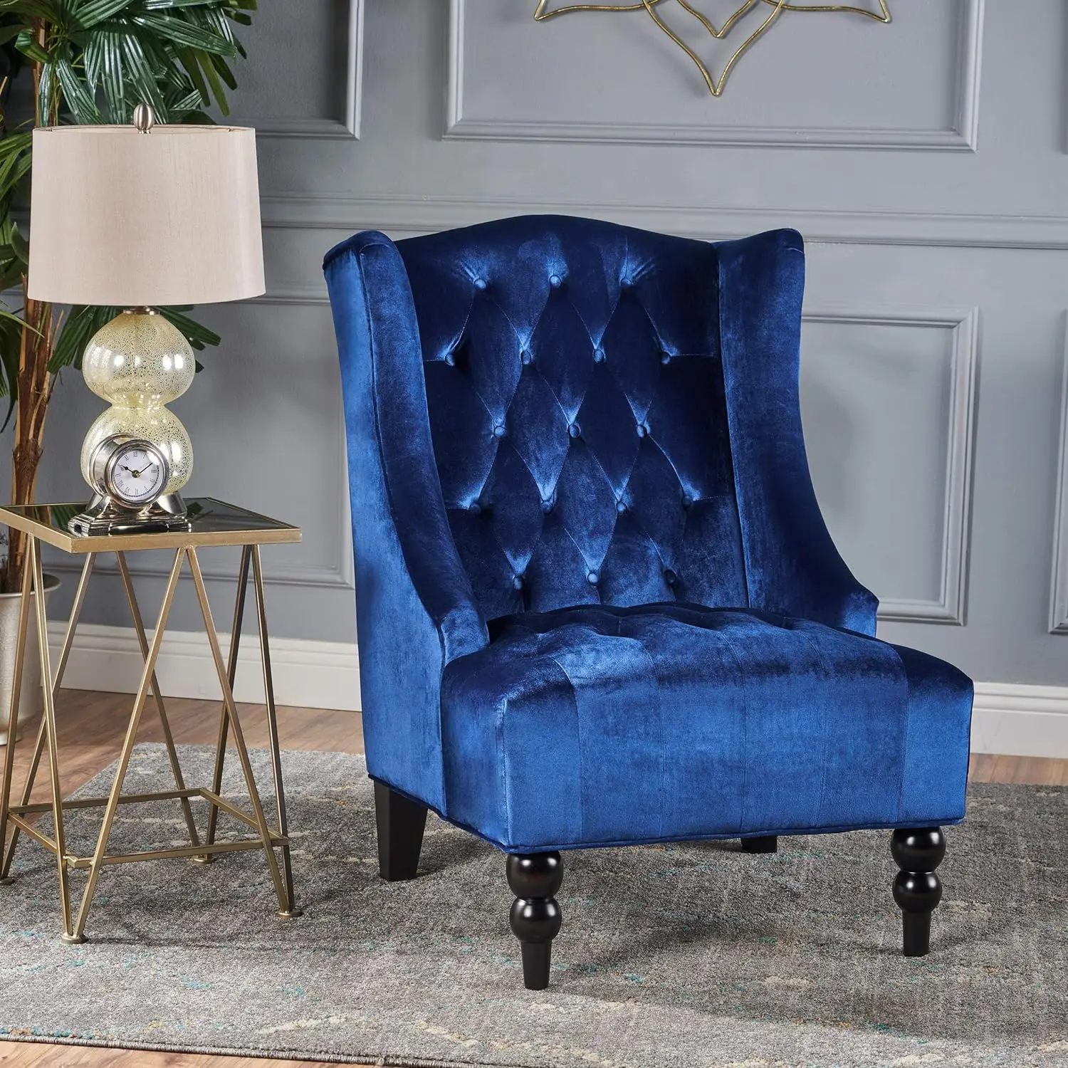 

High-Back Velvet Club Chair, Navy Blue