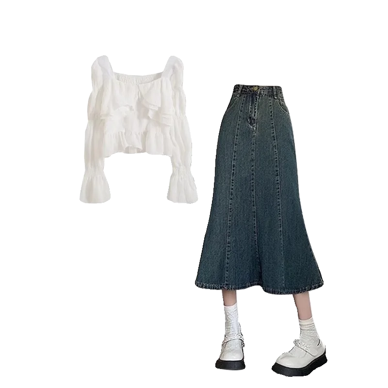 Witte lange Sve-denimrok met één schouder, dames lente 2025, casual, veelzijdig ontwerp, Fi Tail f-lengte rok