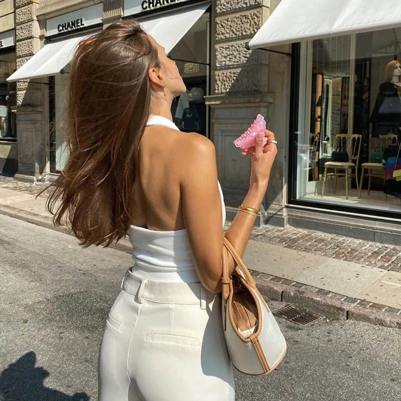 Weißes Neckholder-Tanktop, sexy, rückenfrei, für Damen, Streetwear, 2023, ärmellos, geripptes Strickweste-Top, abgeschnitten, feminino – Detail 11