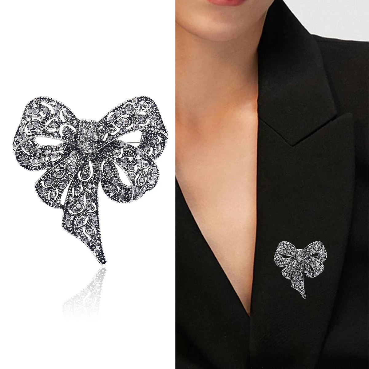 Beaut&Berry Vintage Rhinestone Bow Brooches for Women Ribbon Pins Casual Party Friend Accessories New Fashion Gifts Decoration