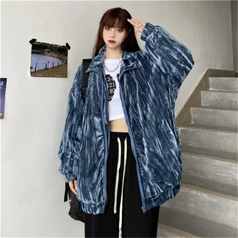 Fall 2023 New Korean ins Retro Versatile Velvet Tie-dyed Long Sleeve Female Jacket loose Student Jacket Top Women's Fashionable