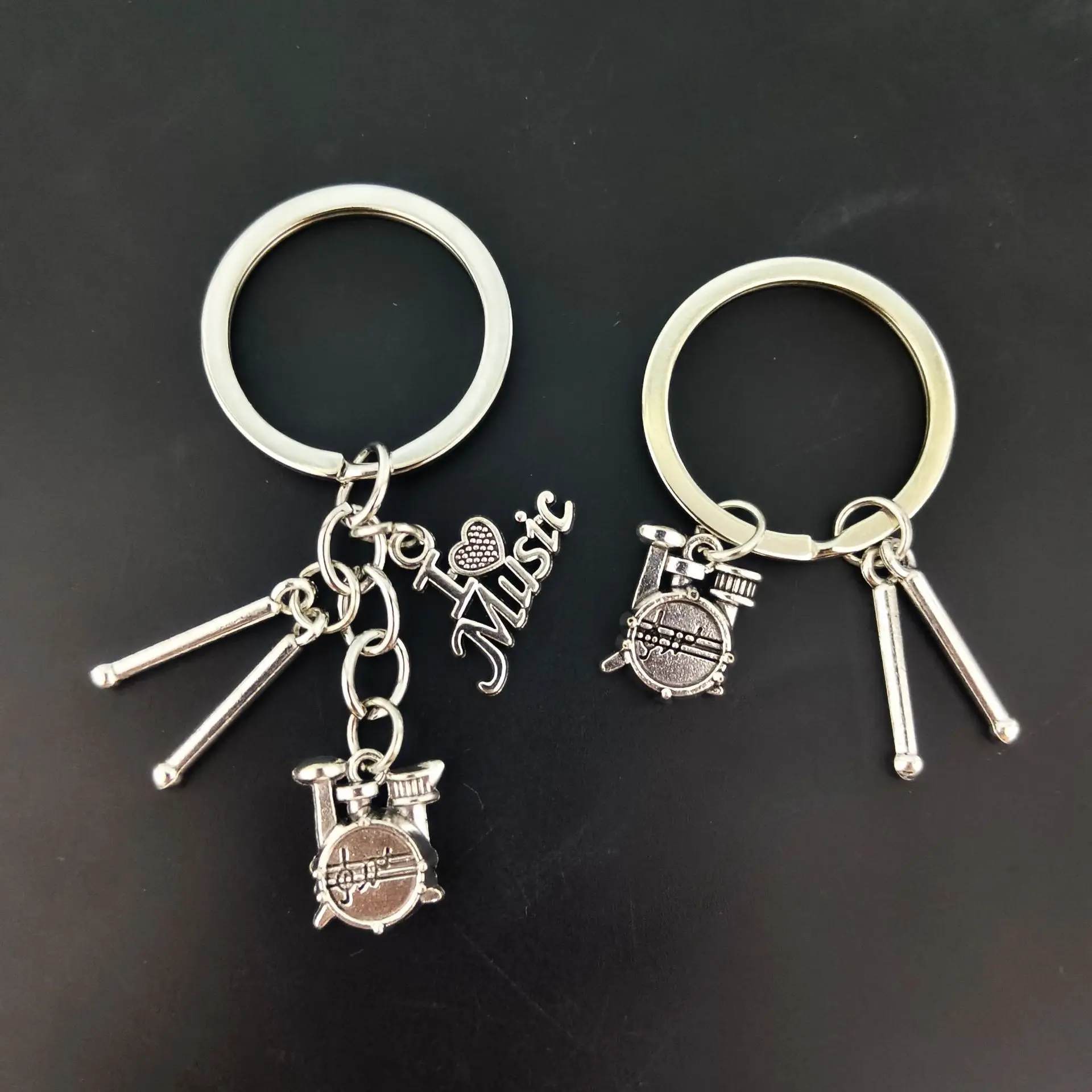 Modern Best-Selling 'I Love Music' Pendant, Featuring a Drum Set, Guitar, Drumsticks, and Music Lover Keychain
