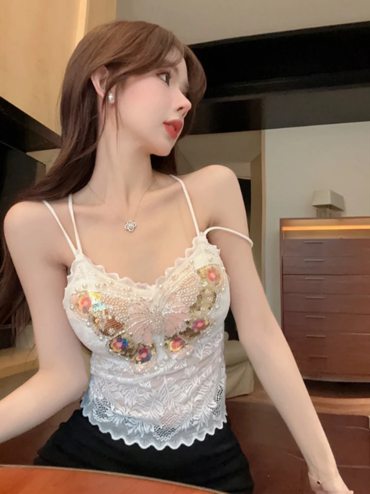 Summer New Women\'s Hot Drilling Beaded Shoulder Strap Mesh Stitching Sexy Cotton Camisole Women Tube Top