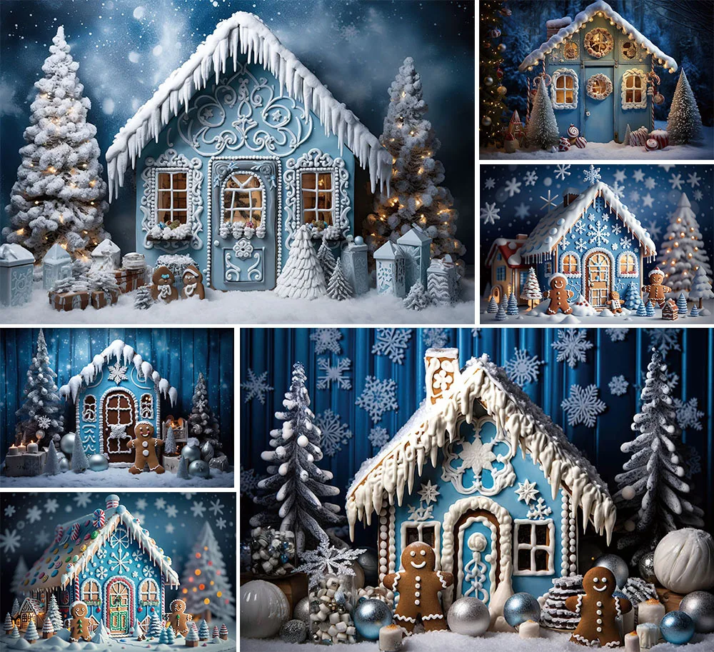 

Mehofond Photography Background Winter Christmas Blue Gingerbread House Snow Xmas Kid Family Portrait Decor Backdrop Photo Studi