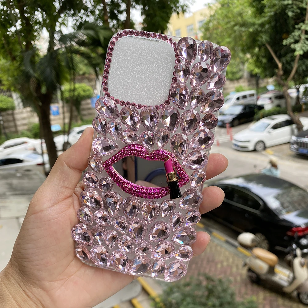 

Bling Rhinestone Mirror Lipstick Сексуальный чехол для телефона для губ для iPhone 17 16 15 14 13 12 Pro Max 14 Plus Розовый чехол с каплями воды и кристаллами